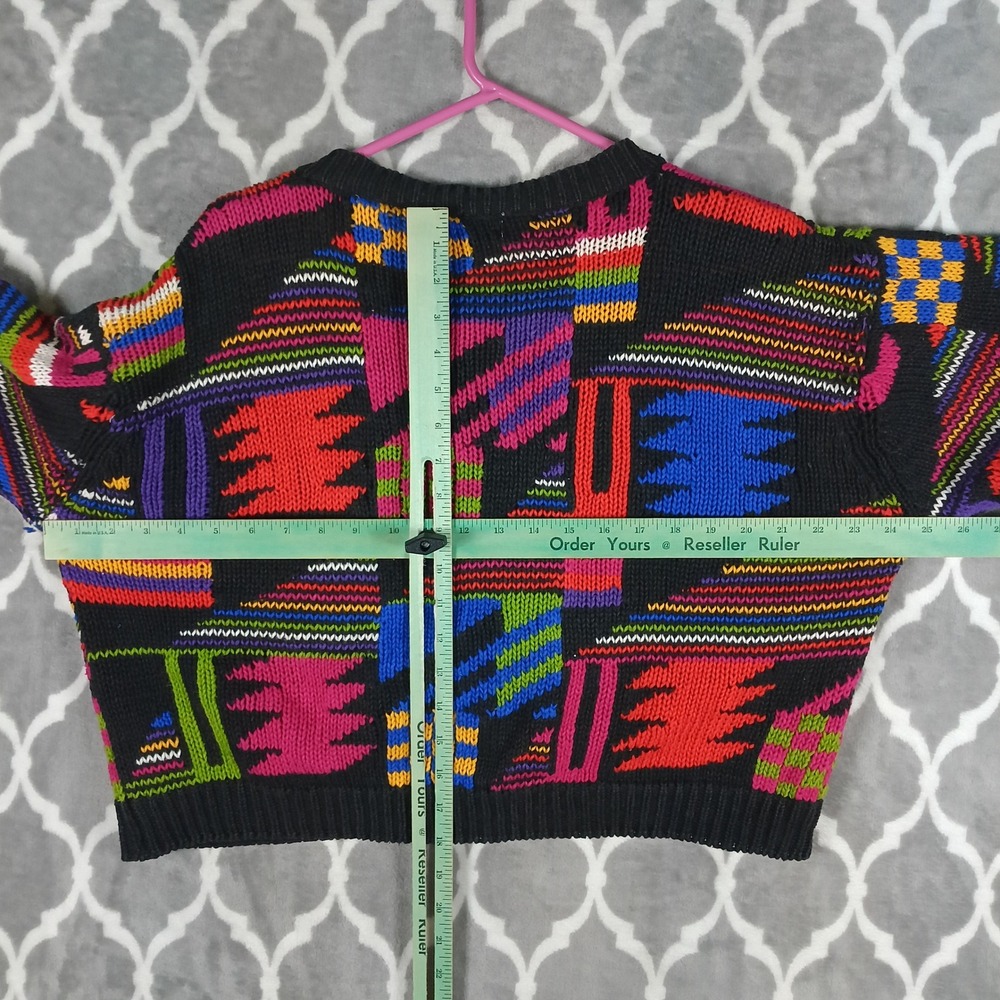 Vintage 80s Cardigan Sweater Women Size S Multicolor Geometric Triangle Button - Picture 4 of 7